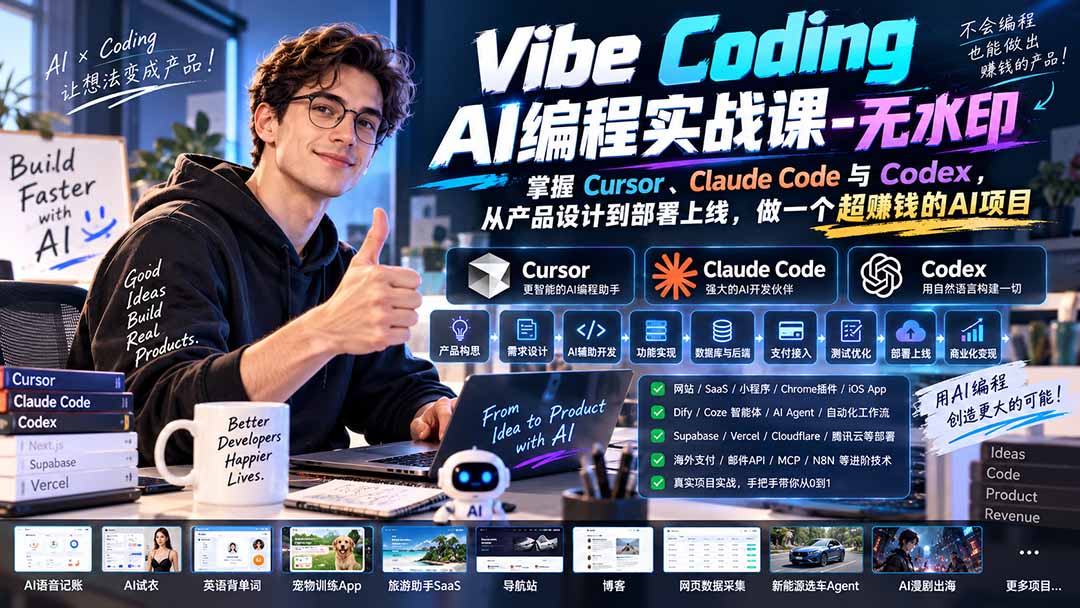 Vibe Coding AI编程实战课-无水印：掌握Cursor、Claude Code与Codex，从产品设计到部署上线，做一个超赚钱的AI项目-爱搭资源网