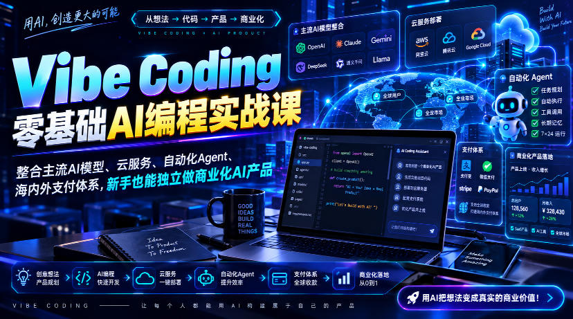 Vibe Coding零基础AI编程实战课-无水印，整合主流AI模型、云服务、自动化Agent、海内外支付体系，新手也能独立做商业化AI产品-爱搭资源网