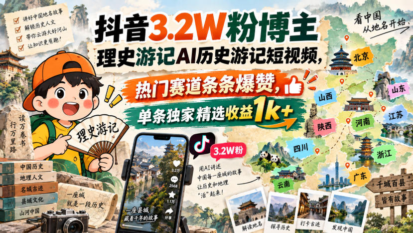 抖音3.2W粉博主理史游记AI历史游记短视频教学，热门赛道条条爆赞，单条独家精选收益1k+-爱搭资源网