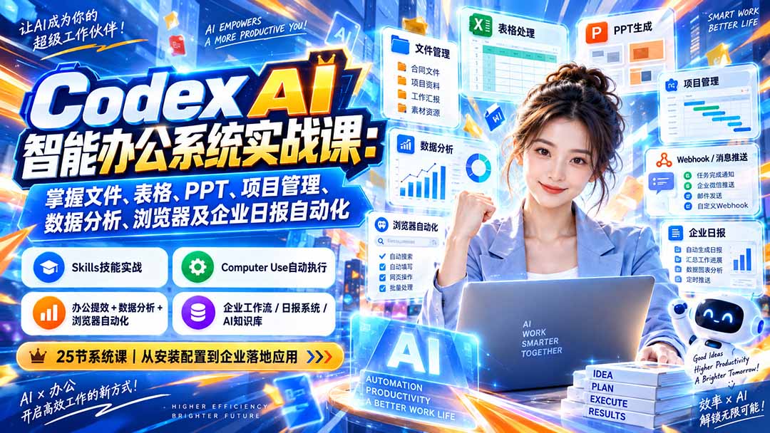 Codex AI智能办公系统实战课：掌握文件、表格、PPT、项目管理、数据分析、浏览器及企业日报自动化-爱搭资源网