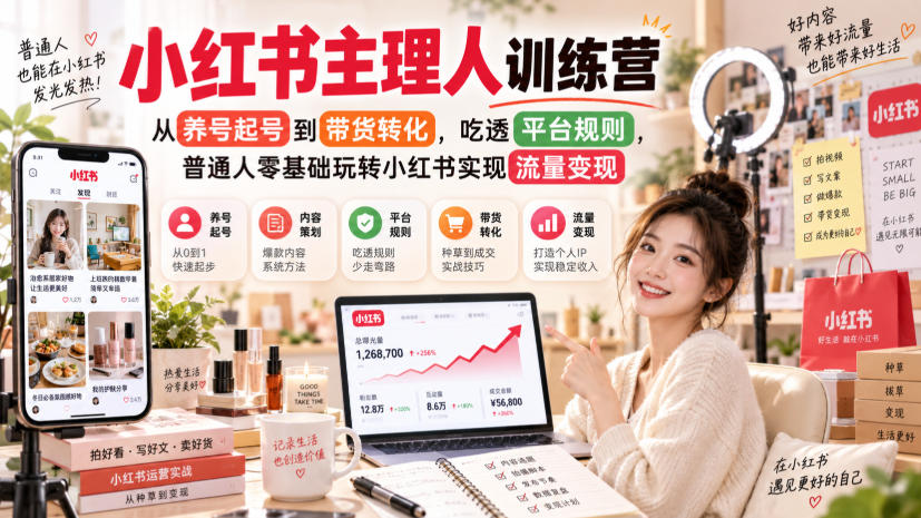 小红书主理人训练营，从养号起号到带货转化，吃透平台规则，普通人零基础玩转小红书实现流量变现-爱搭资源网