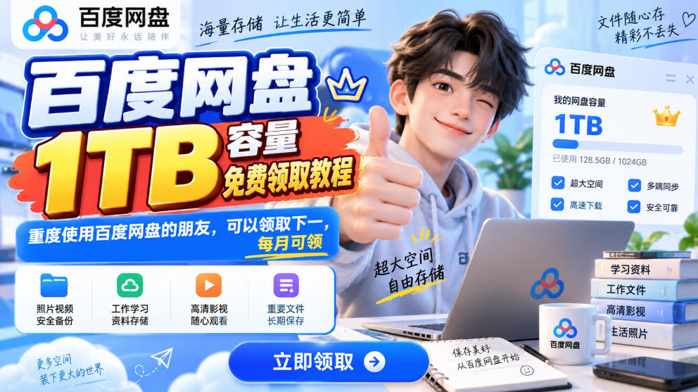 百度网盘1TB容量免费领取教程，重度使用百度网盘的朋友，可以领取下一，每月可领-爱搭资源网