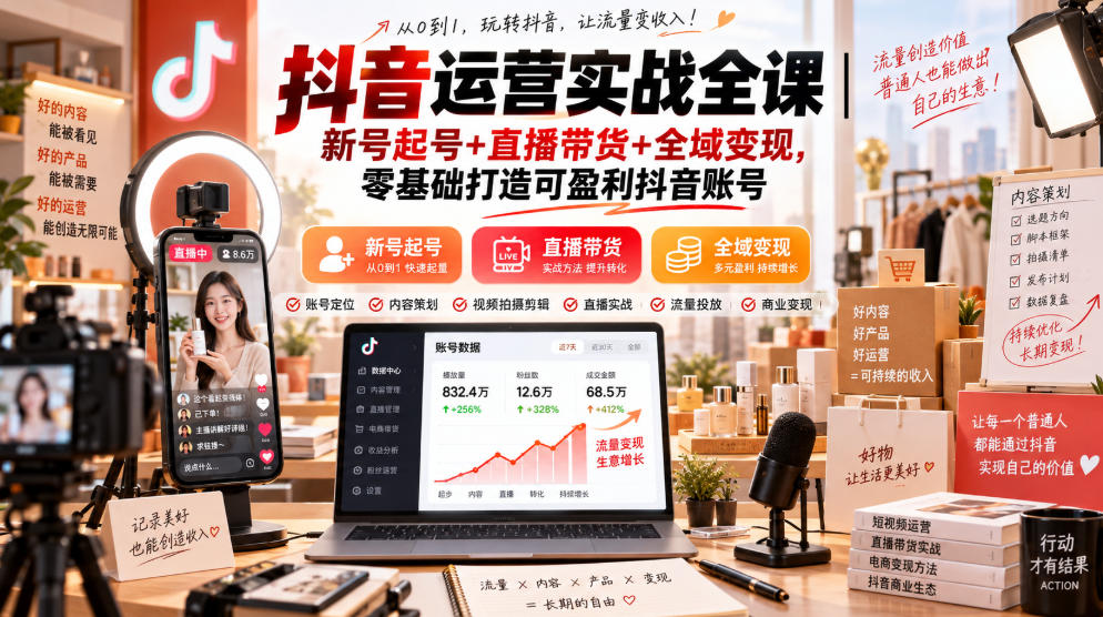 抖音运营实战全课｜新号起号+直播带货+全域变现，零基础打造可盈利抖音账号-爱搭资源网
