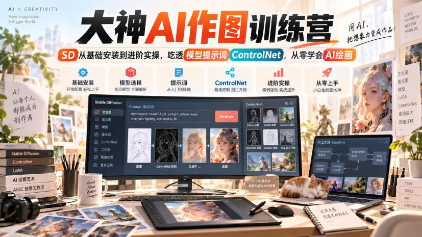 大神AI作图训练营，SD从基础安装到进阶实操，吃透模型提示词ControlNet，从零学会AI绘画-爱搭资源网
