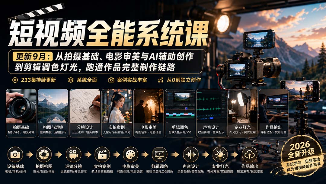 短视频全能系统课-9月完整版：从拍摄基础、电影审美与AI辅助创作到剪辑调色灯光，跑通作品完整制作链路-爱搭资源网