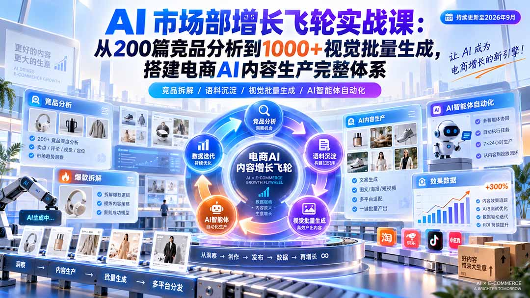 AI 市场部增长飞轮实战课：从200篇竞品分析到1000+视觉批量生成，搭建电商AI内容生产完整体系-爱搭资源网