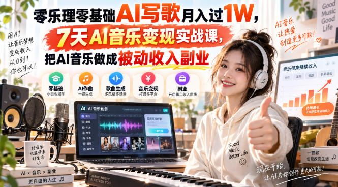 零乐理零基础AI写歌月入过1W，7天AI音乐变现实战课，把AI音乐做成被动收入副业-爱搭资源网