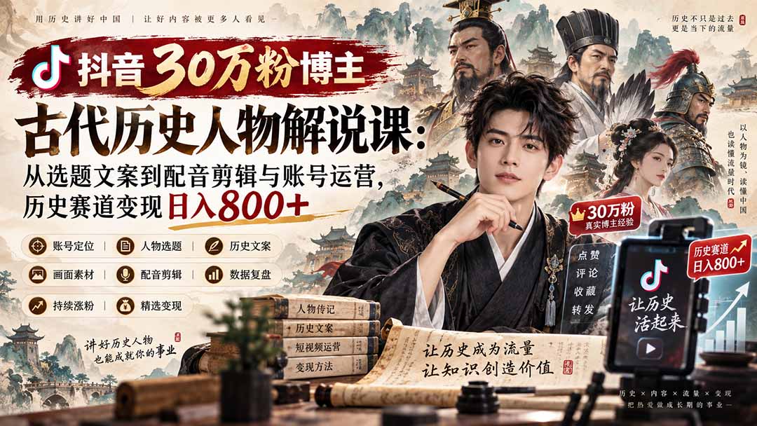 抖音30万粉博主古代历史人物解说课：从选题文案到配音剪辑与账号运营，历史赛道变现日入800+-爱搭资源网