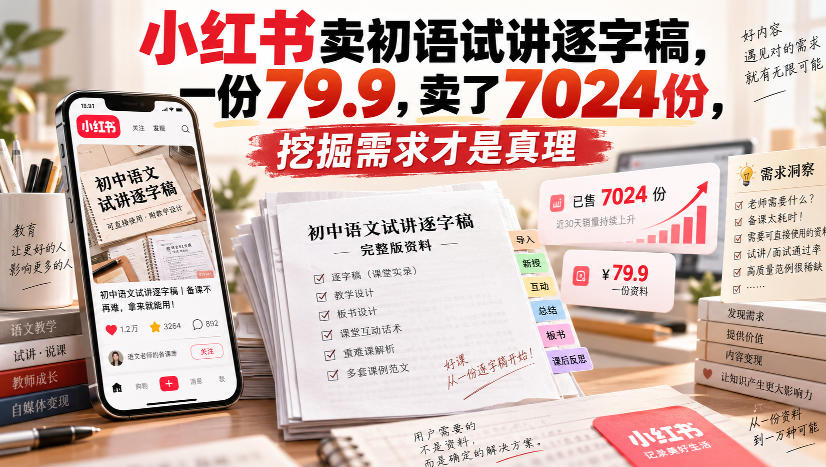 小红书卖初语试讲逐字稿，一份79.9，卖了7024份，挖掘需求才是真理-爱搭资源网
