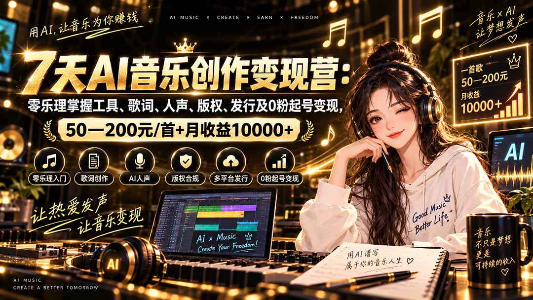 AI音乐创作变现营：零乐理掌握工具、歌词、人声、版权、发行及0粉起号变现，50—200元/首+月收益10000+-爱搭资源网