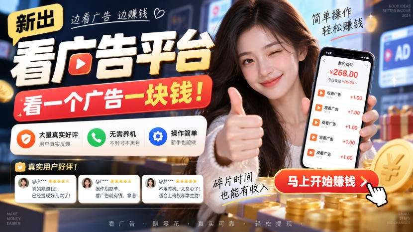 新出看广告平台，看一个广告一块钱，大量真实好评！无需养机、不会黑号，操作简单【揭秘】-爱搭资源网