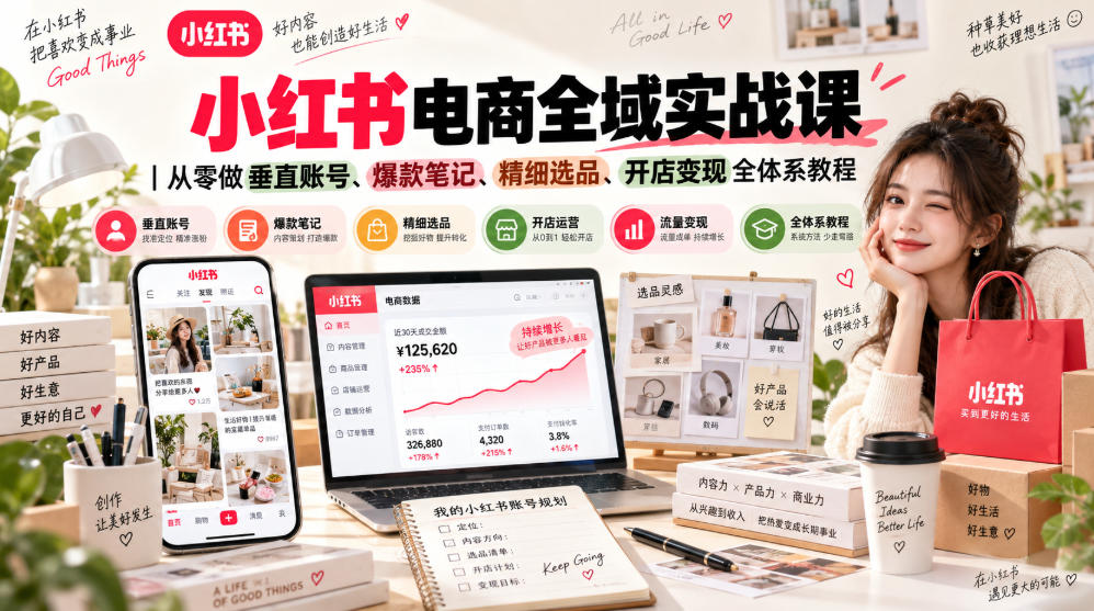 小红书电商全域实战课｜从零做垂直账号、爆款笔记、精细选品、开店变现全体系教程-爱搭资源网