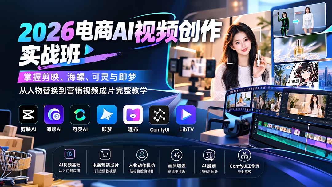 2026电商AI视频创作实战班：掌握剪映、海螺、可灵与即梦，从人物替换到营销视频成片完整教学-爱搭资源网
