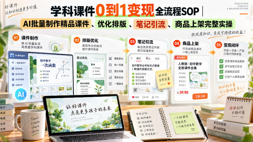 学科课件0到1变现全流程SOP｜AI批量制作精品课件、优化排版、笔记引流、商品上架完整实操​-爱搭资源网