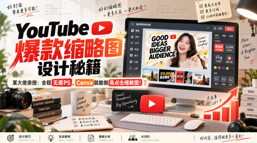 YouTube爆款缩略图设计秘籍，某油管大佬(610万订阅者)亲授，全程无需PS，Canva就能做高点击缩略图！【原创双语字幕】-爱搭资源网
