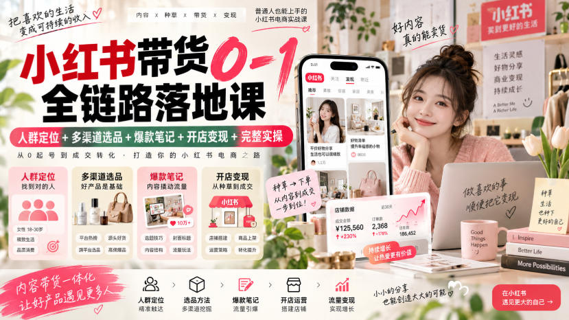小红书带货0-1全链路落地课｜人群定位+多渠道选品+爆款笔记+开店变现完整实操-爱搭资源网