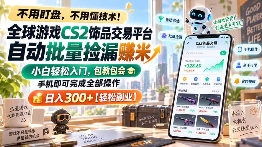 全球游戏CS2饰品交易平台自动批量捡漏赚米，小白轻松入门，包教包会，手机即可完成全部操作，日入300+【轻松副业】-爱搭资源网