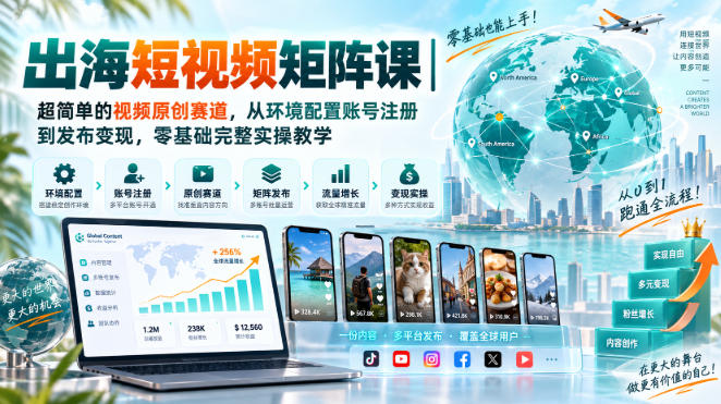 出海短视频矩阵课｜超简单的视频原创赛道，从环境配置账号注册到发布变现，零基础完整实操教学-爱搭资源网