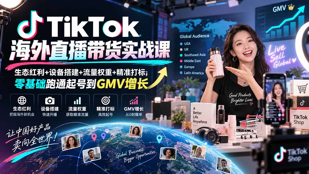 TikTok海外直播带货实战课｜生态红利+设备搭建+流量权重+精准打标，零基础跑通起号到GMV增长-爱搭资源网