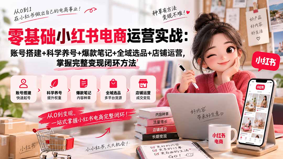 零基础小红书电商运营实战：账号搭建+科学养号+爆款笔记+全域选品+店铺运营，掌握完整变现闭环方法-爱搭资源网