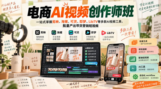 电商AI视频创作师班，一站式掌握剪映、海螺、可灵、即梦、LibTV等多款AI视频工具，批量产出带货营销短视频-爱搭资源网