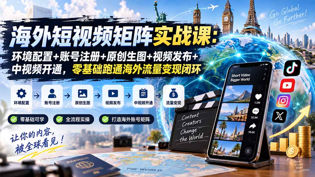 海外短视频矩阵实战课：环境配置+账号注册+原创生图+视频发布+中视频开通，零基础跑通海外流量变现闭环-爱搭资源网