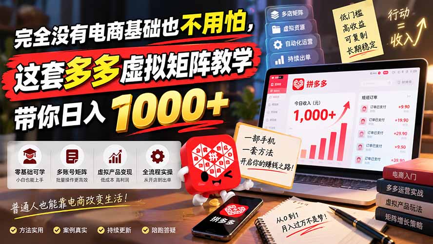 完全没有电商基础也不用怕，这套多多虚拟矩阵教学带你日入 1000+-爱搭资源网