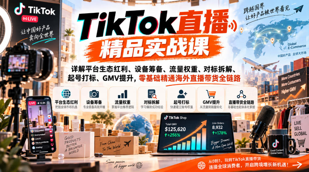 TikTok直播精品实战课，详解平台生态红利、设备筹备、流量权重、对标拆解、起号打标、GMV提升，零基础精通海外直播带货全链路-爱搭资源网