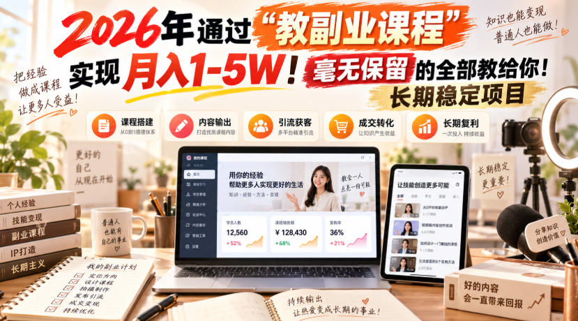 2026年通过“教副业课程”实现月入1-5W！毫无保留的全部教给你！长期稳定项目-爱搭资源网