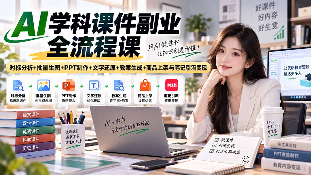 AI学科课件副业全流程课｜对标分析+批量生图+PPT制作+文字还原+教案生成+商品上架与笔记引流变现-爱搭资源网