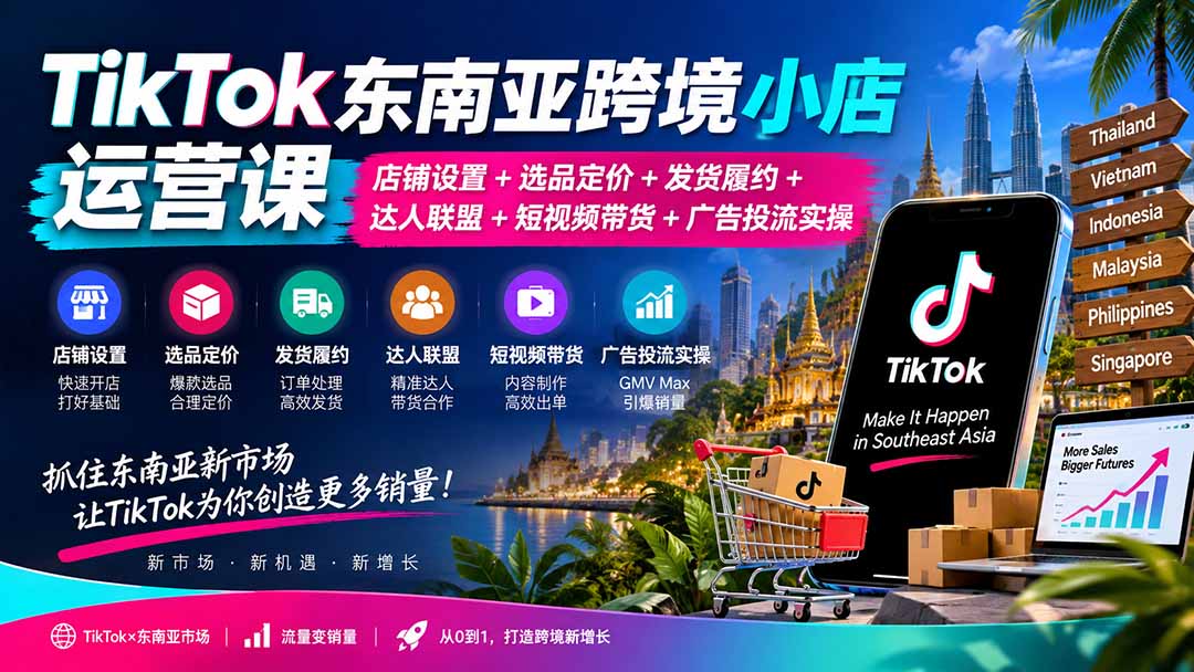 TikTok东南亚跨境小店运营课：店铺设置+选品定价+发货履约+达人联盟+短视频带货+广告投流实操-爱搭资源网
