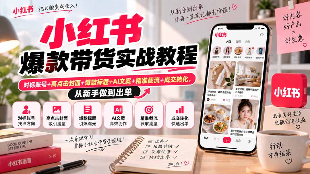 小红书爆款带货实战教程｜对标账号+高点击封面+爆款标题+AI文案+精准截流+成交转化，从新手做到出单-爱搭资源网