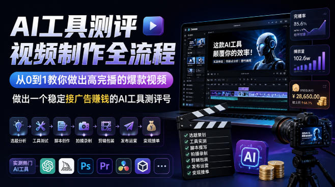 AI工具测评视频制作全流程，从0到1教你做出高完播的爆款视频，做出一个稳定接广告賺钱的AI工具测评号-爱搭资源网
