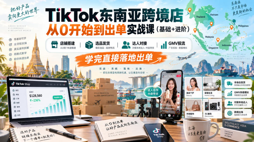 TikTok东南亚跨境店从0开始到出单实战课(基础+进阶)，店铺搭建、选品发货、达人对接、GMV投流，学完直接落地出单-爱搭资源网