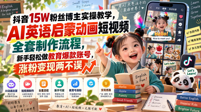 抖音15W粉丝博主实操教学，AI英语启蒙动画短视频全套制作流程，新手轻松做教育爆款账号，涨粉变现两不误-爱搭资源网