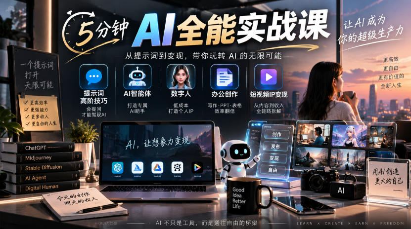5分钟AI全能实战课｜提示词高阶技巧+AI智能体+数字人+办公创作+短视频IP变现全教程-爱搭资源网