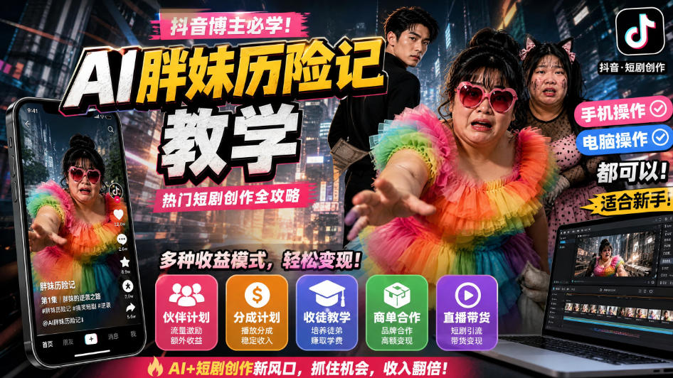 抖音博主的AI胖妹历险记教学，伙伴计划+分成计划+收徒+商单等多种收益，适合新手，手机电脑都可以操作-爱搭资源网
