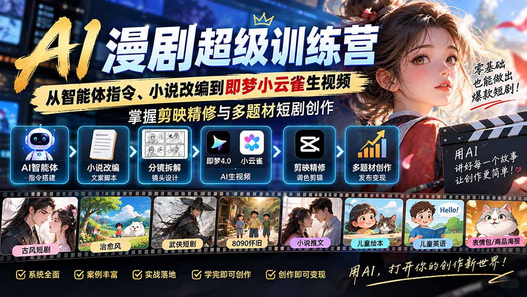 AI漫剧超级特训营：从智能体指令、小说改编到即梦小云雀生视频，掌握剪映精修与多题材短剧创作-爱搭资源网