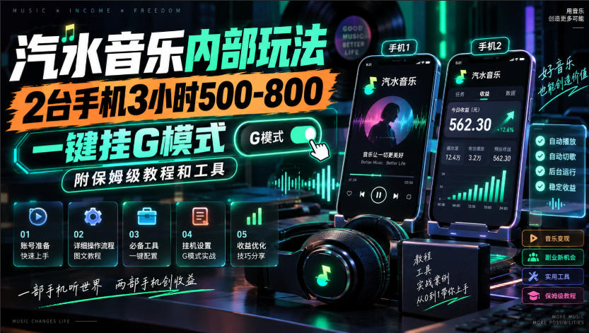 汽水音乐内部玩法，2台手机3小时500-800，一键挂G模式，附保姆级教程和工具【揭秘】-爱搭资源网
