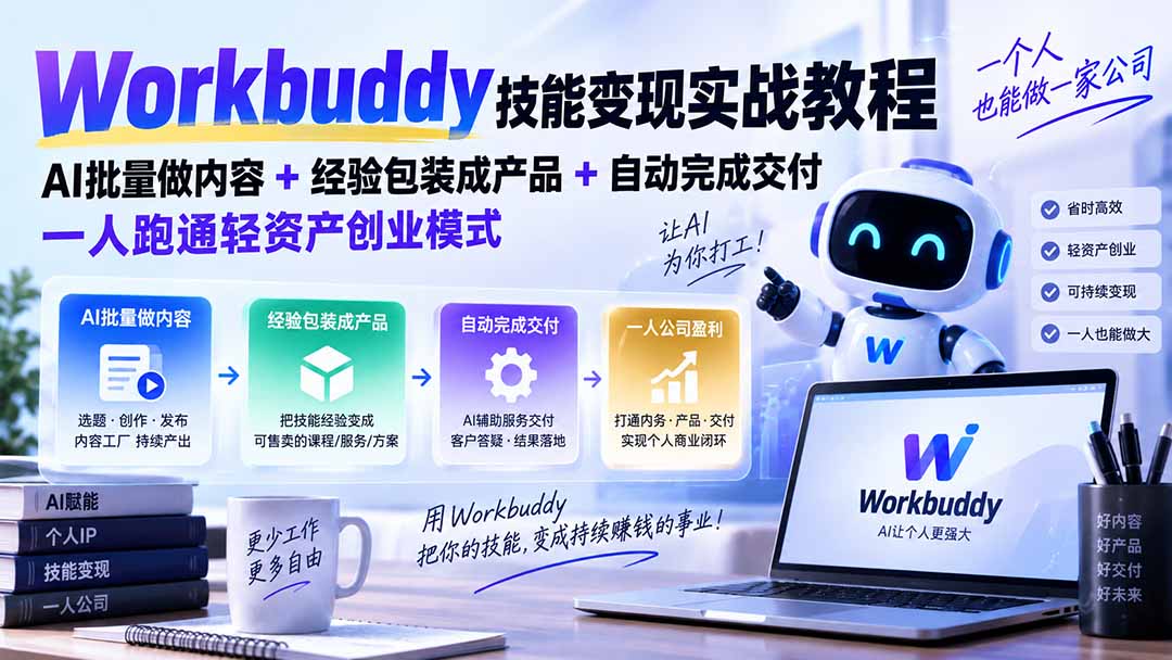 Workbuddy技能变现实战教程：AI批量做内容+经验包装成产品+自动完成交付，一人跑通轻资产创业模式-爱搭资源网
