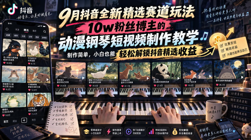 9月抖音全新精选赛道玩法，10w粉丝博主的动漫钢琴短视频制作教学，制作简单，小白也能轻松解锁抖音精选收益-爱搭资源网