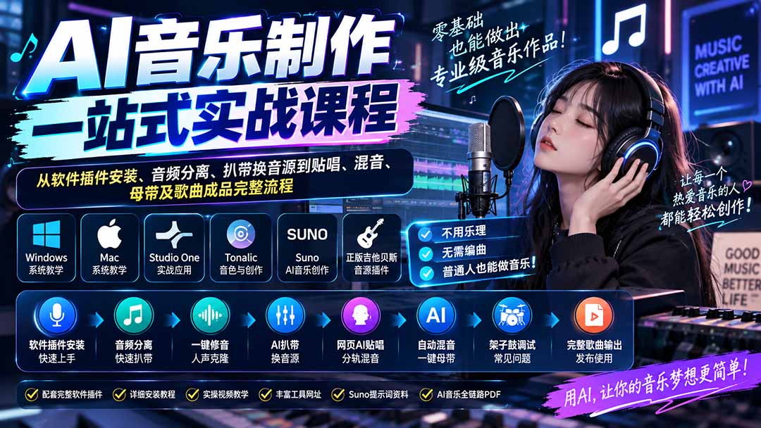 AI音乐制作一站式实战课程：从软件插件安装、音频分离、扒带换音源到贴唱、混音、母带及歌曲成品完整流程-爱搭资源网