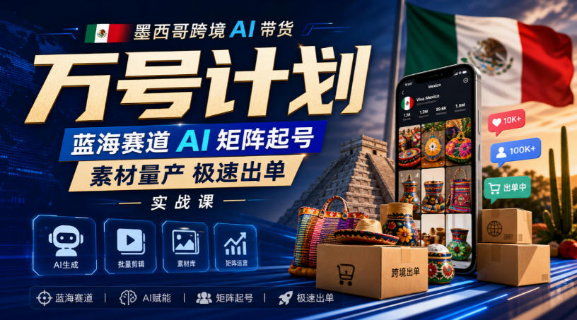 墨西哥跨境AI带货万号计划，蓝海赛道AI矩阵起号，素材量产极速出单实战课-爱搭资源网