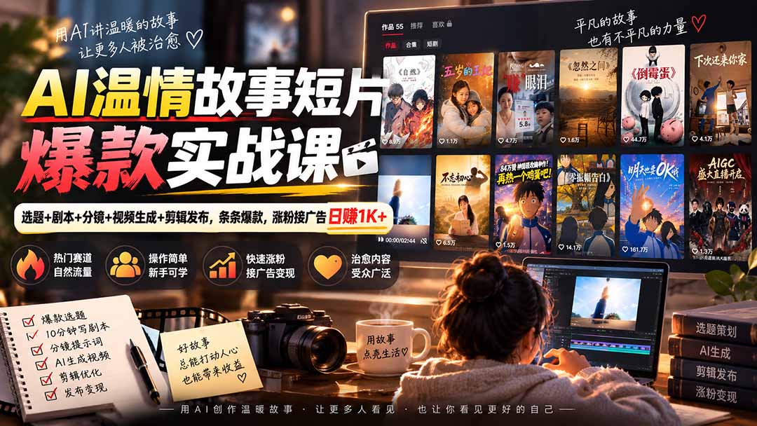 AI温情故事短片爆款实战课-更新｜选题+剧本+分镜+视频生成+剪辑发布，条条爆款，涨粉接广告日赚1K+-爱搭资源网