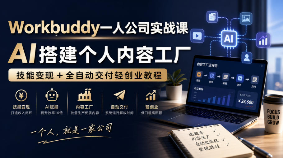 Workbuddy一人公司实战课，AI搭建个人内容工厂，技能变现+全自动交付轻创业教程​-爱搭资源网
