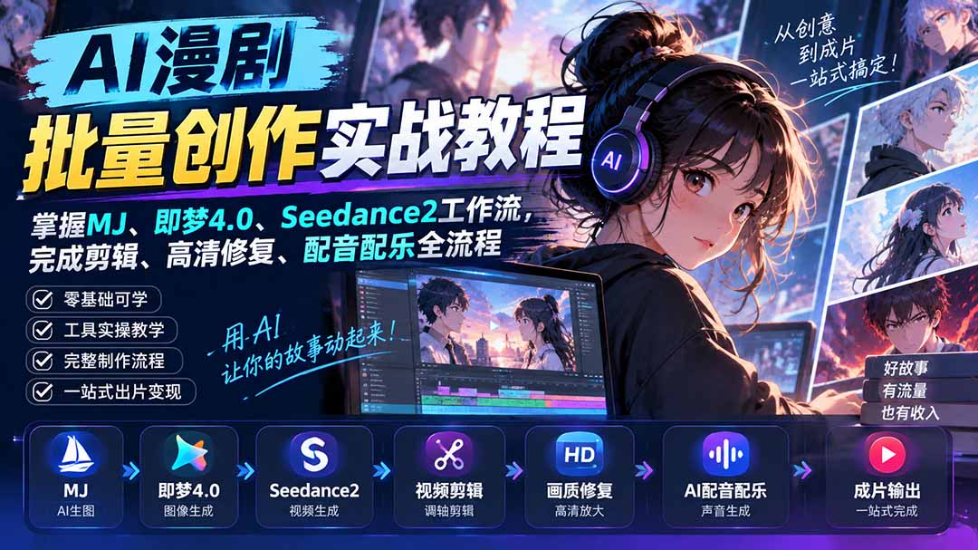 AI漫剧批量创作实战教程：掌握MJ、即梦4.0、Seedance2工作流，完成剪辑、高清修复、配音配乐全流程-爱搭资源网