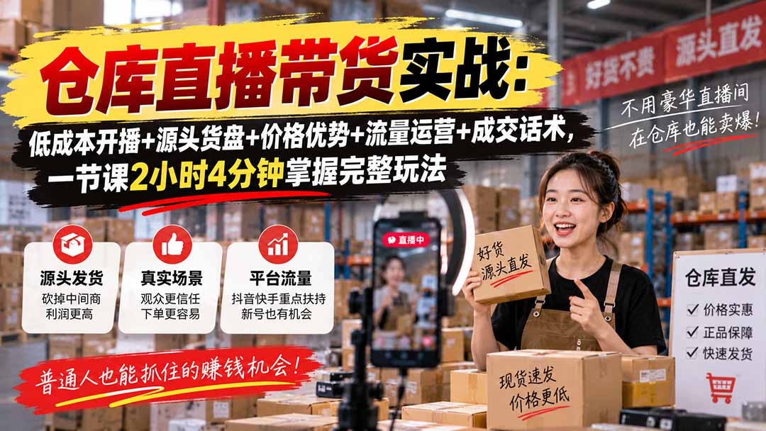 仓库直播带货实战：低成本开播+源头货盘+价格优势+流量运营+成交话术，一节课2小时4分钟掌握完整玩法-爱搭资源网