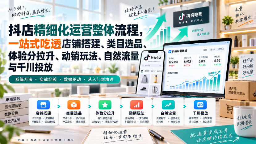 李哥电商-抖店精细化运营整体流程，一站式吃透店铺搭建、类目选品、体验分拉升、动销玩法、自然流量与千川投放-爱搭资源网