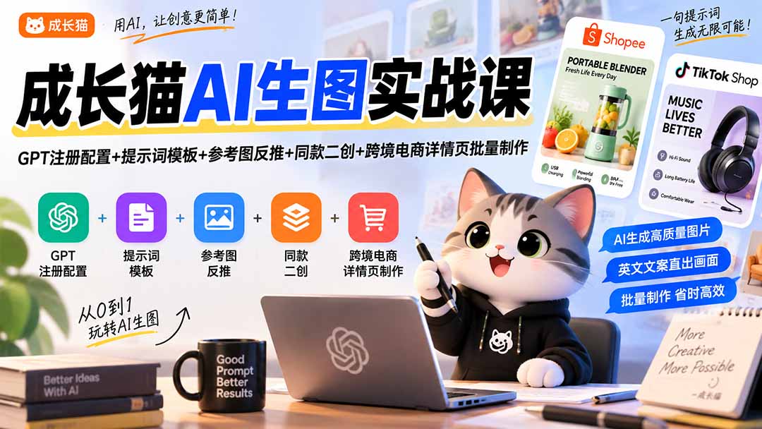 成长猫AI生图实战课｜GPT注册配置+提示词模板+参考图反推+同款二创+跨境电商详情页批量制作-爱搭资源网