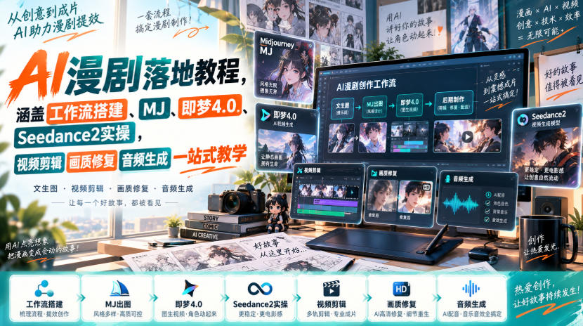 AI漫剧落地教程，涵盖工作流搭建、MJ、即梦4.0、Seedance2实操，视频剪辑画质修复音频生成一站式教学-爱搭资源网